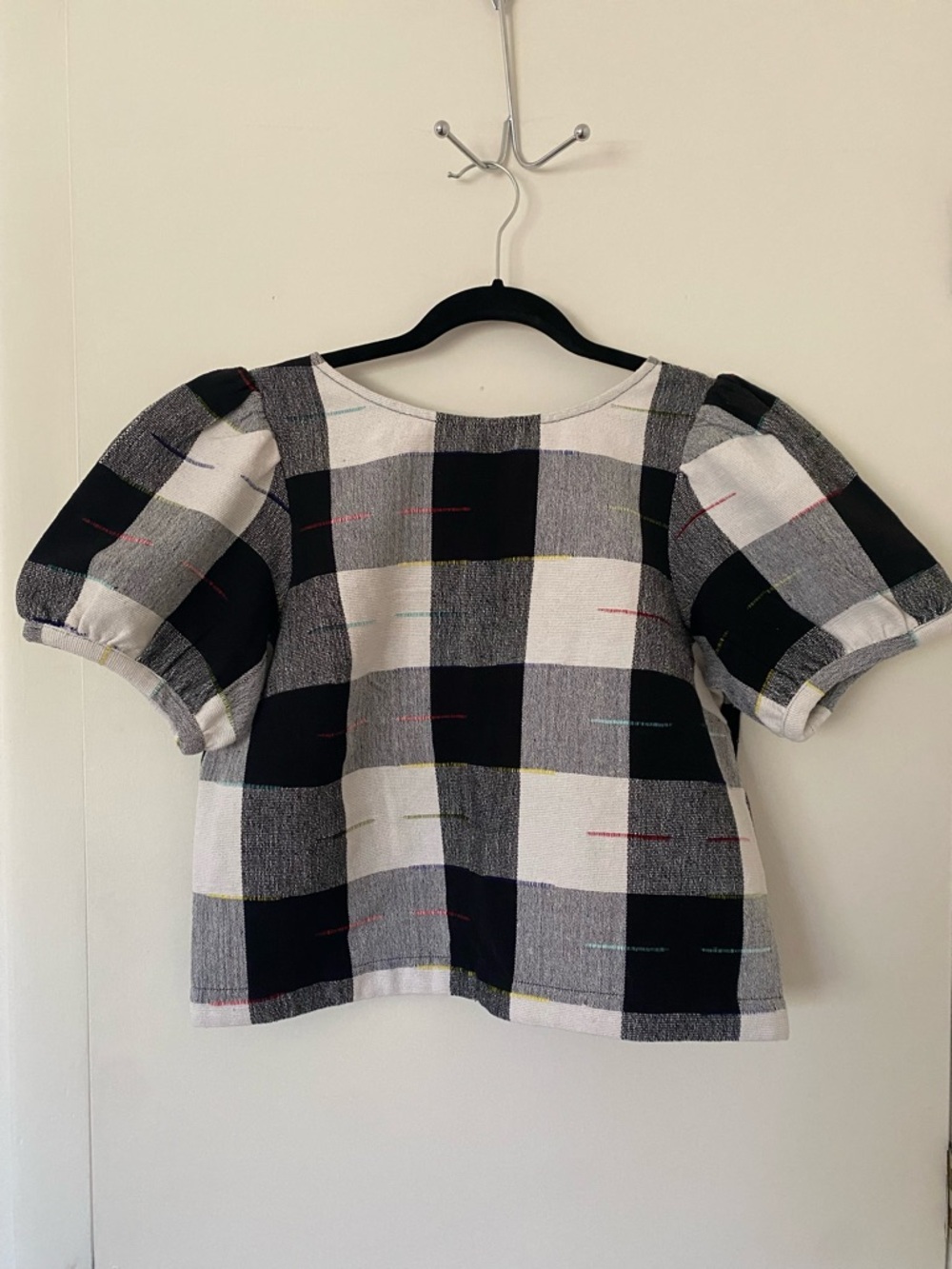 Plaid Puff-Sleeve Cotton Top - Black & White
